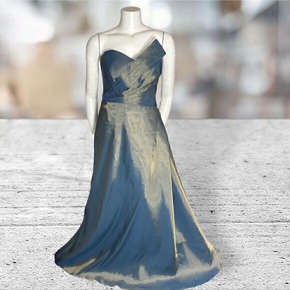 Rene Ruiz Metallic Shine Blue Gold Strapless Gown - Picture 1 of 8